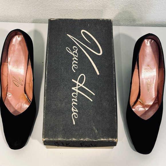 Vintage 50s VOGUE HOUSE Heels Pumps Shoe Black Textured Fabric with Box Sz 8.5 N - Picture 8 of 13